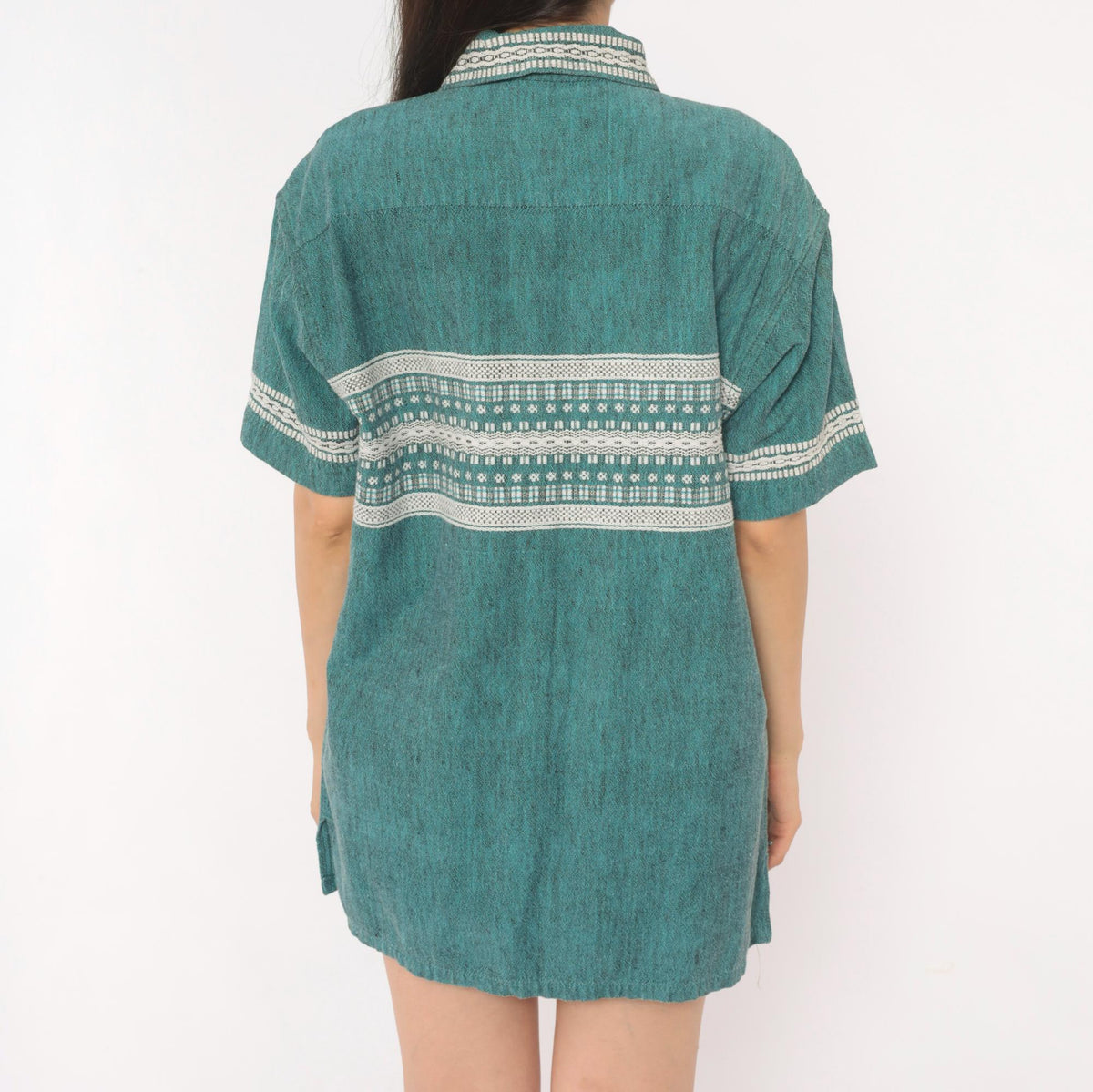 90s Teal Woven Shirt Jacquard Folk Pattern Cotton Collared Camp Large