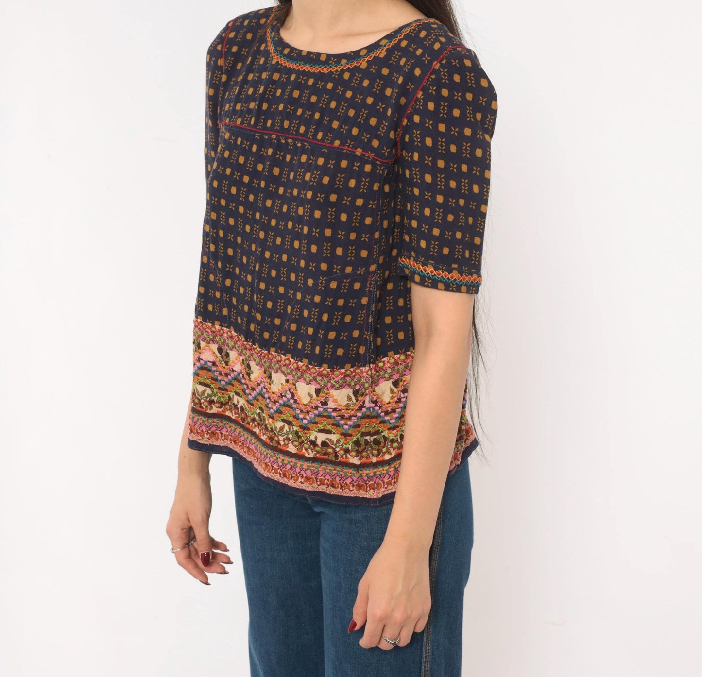 Y2K Holding Horses Embroidered Folk Art Blouse Tan Navy Geometric Cross Stitch Extra Small