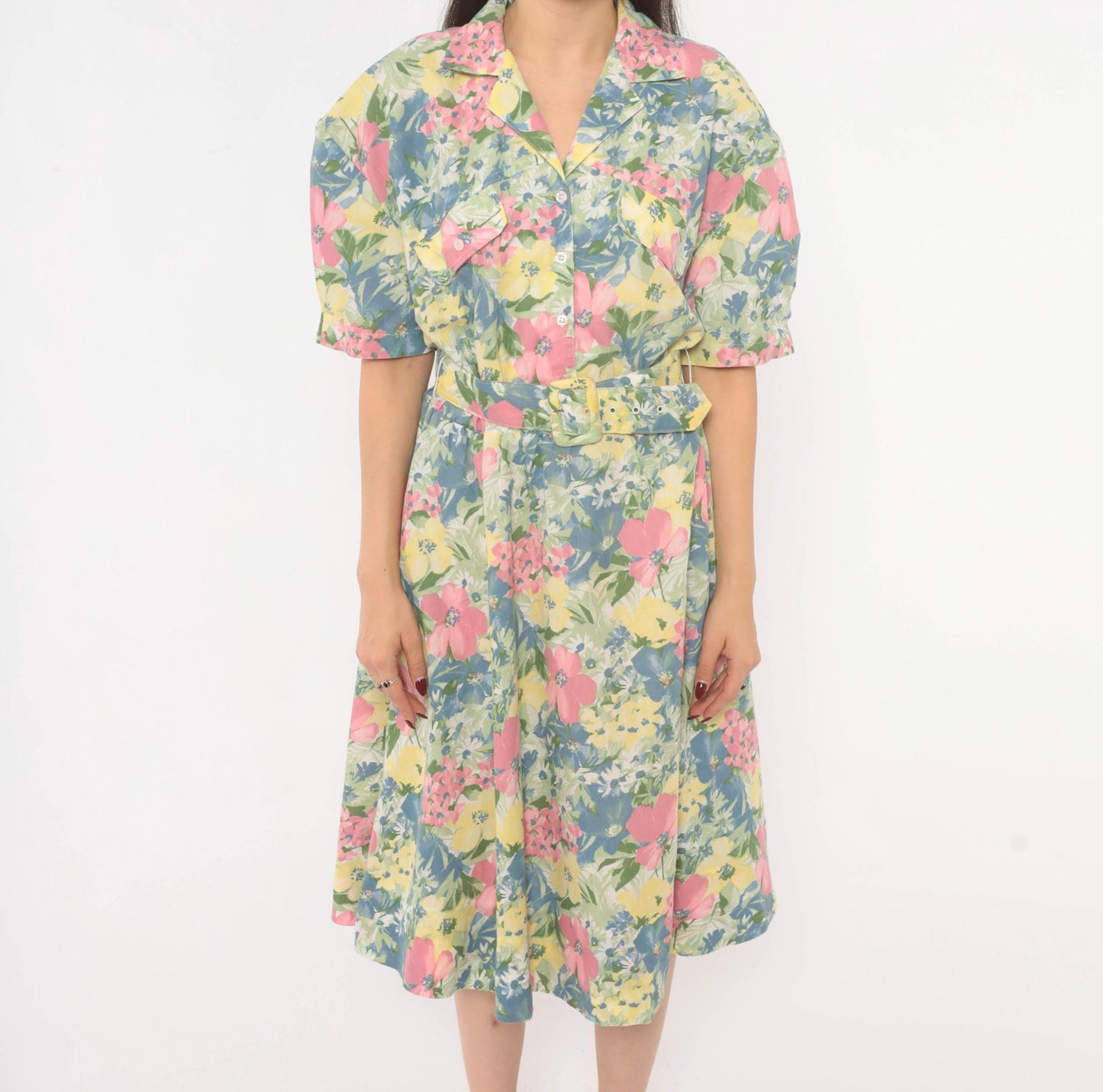 80s Cabrais Floral Midi Shirtdress Puff Sleeve Belted Pink Garden Medium