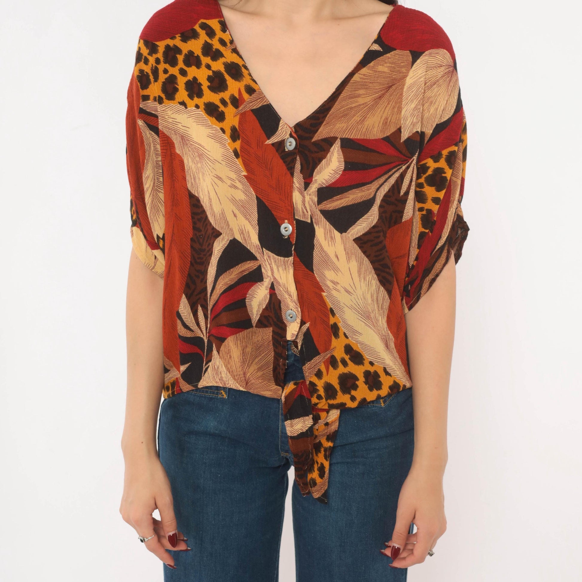 90s Options Melrose Tropical Leopard Button Blouse Tie Front Large L