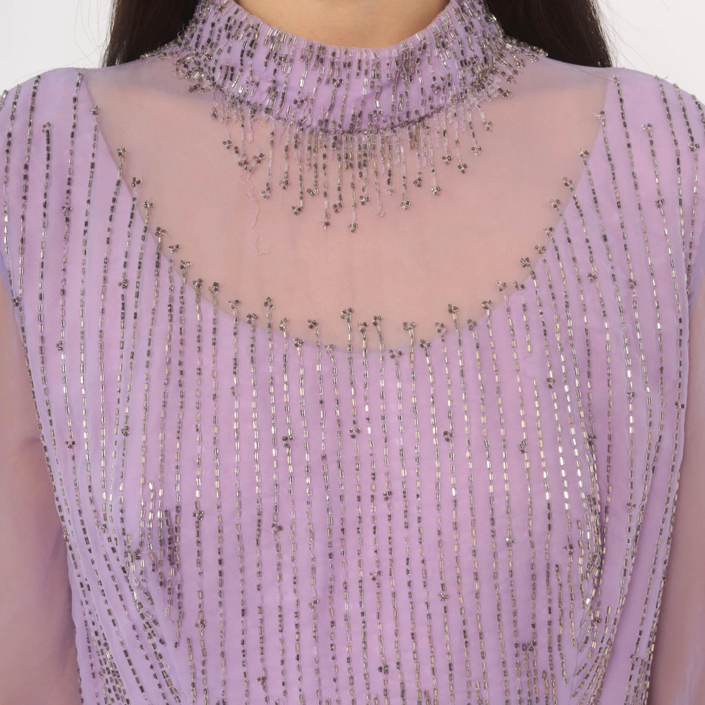 70s Lavender Chiffon Maxi Dress Beaded Bodice Bishop Sleeve Evening Gown Large L