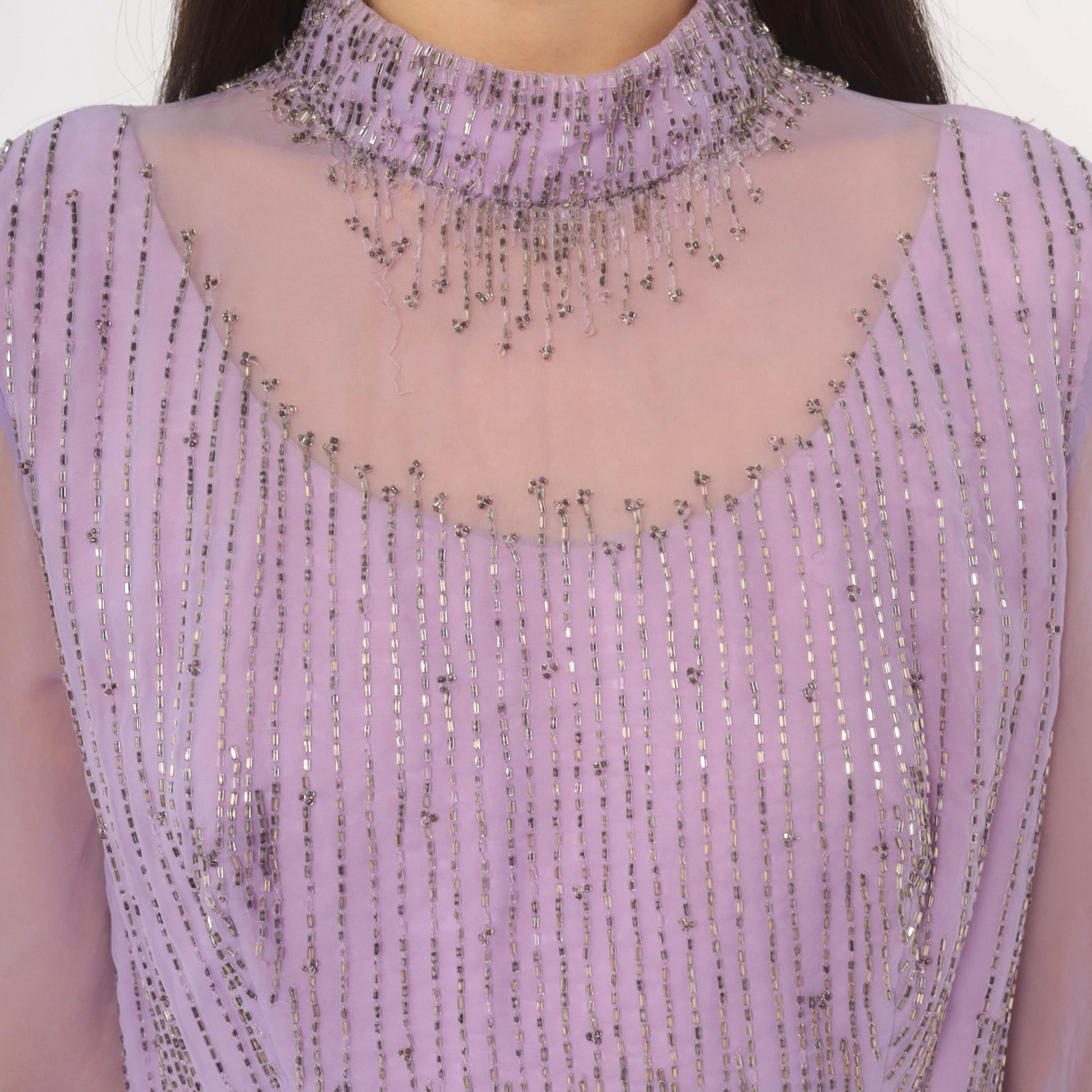 70s Lavender Chiffon Maxi Dress Beaded Bodice Bishop Sleeve Evening Gown Large L