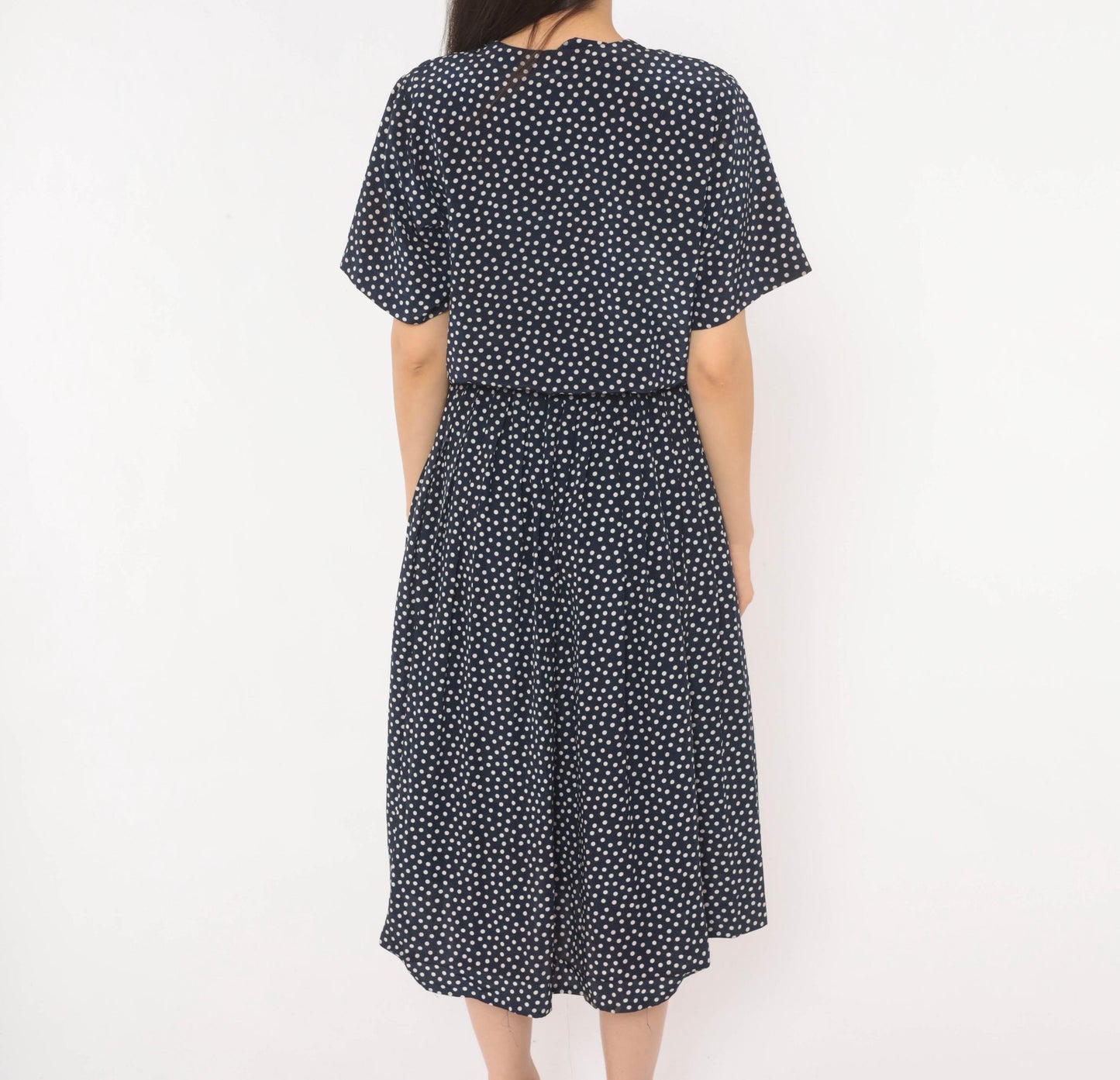 90s Navy Polka Dot Midi Dress Liz Petites Button Front Crew Neck Medium M