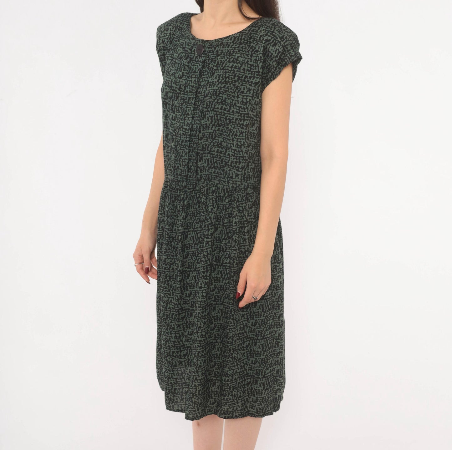 90s Items Abstract Print Dress Olive Black Cap Sleeve Medium M