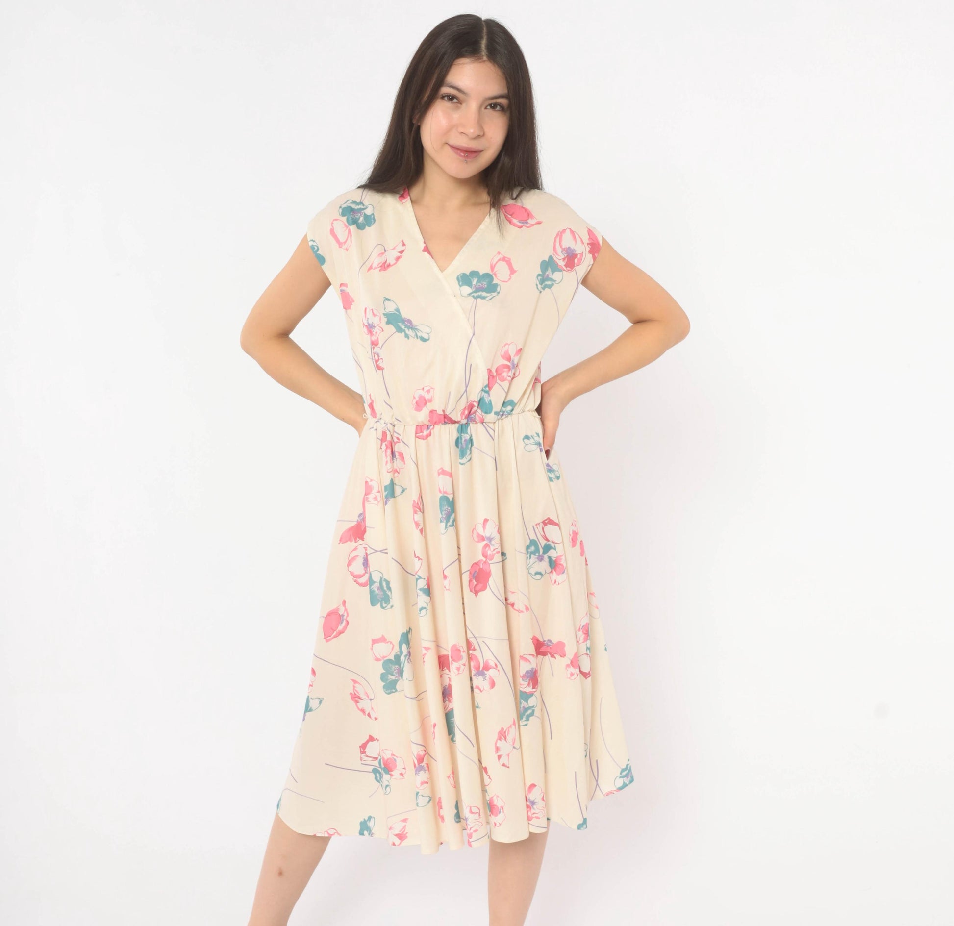 80s Floral Wrap Dress Cream Pink Teal Cap Sleeve Knee Length Medium