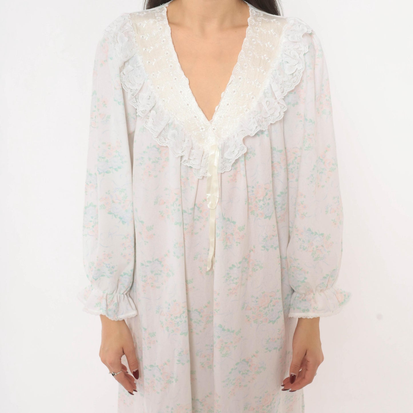 90s Gilligan O'Malley Floral Maxi Robe Puff Sleeve Eyelet Collar Pink Teal Medium M