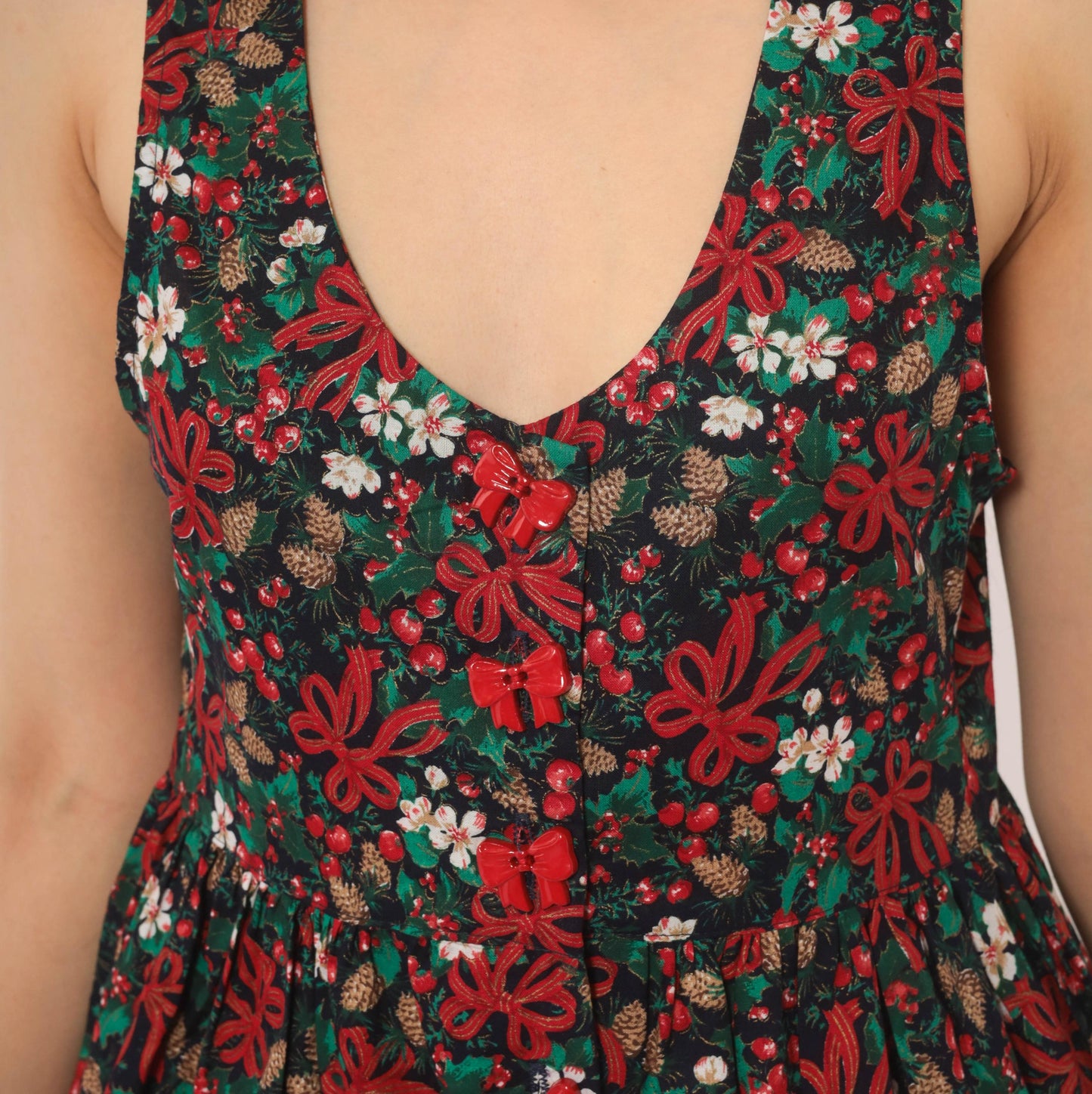 90s R.J. Stevens Christmas Jumper Dress Cotton V-Neck Holly Pinecone Navy Extra Small XS