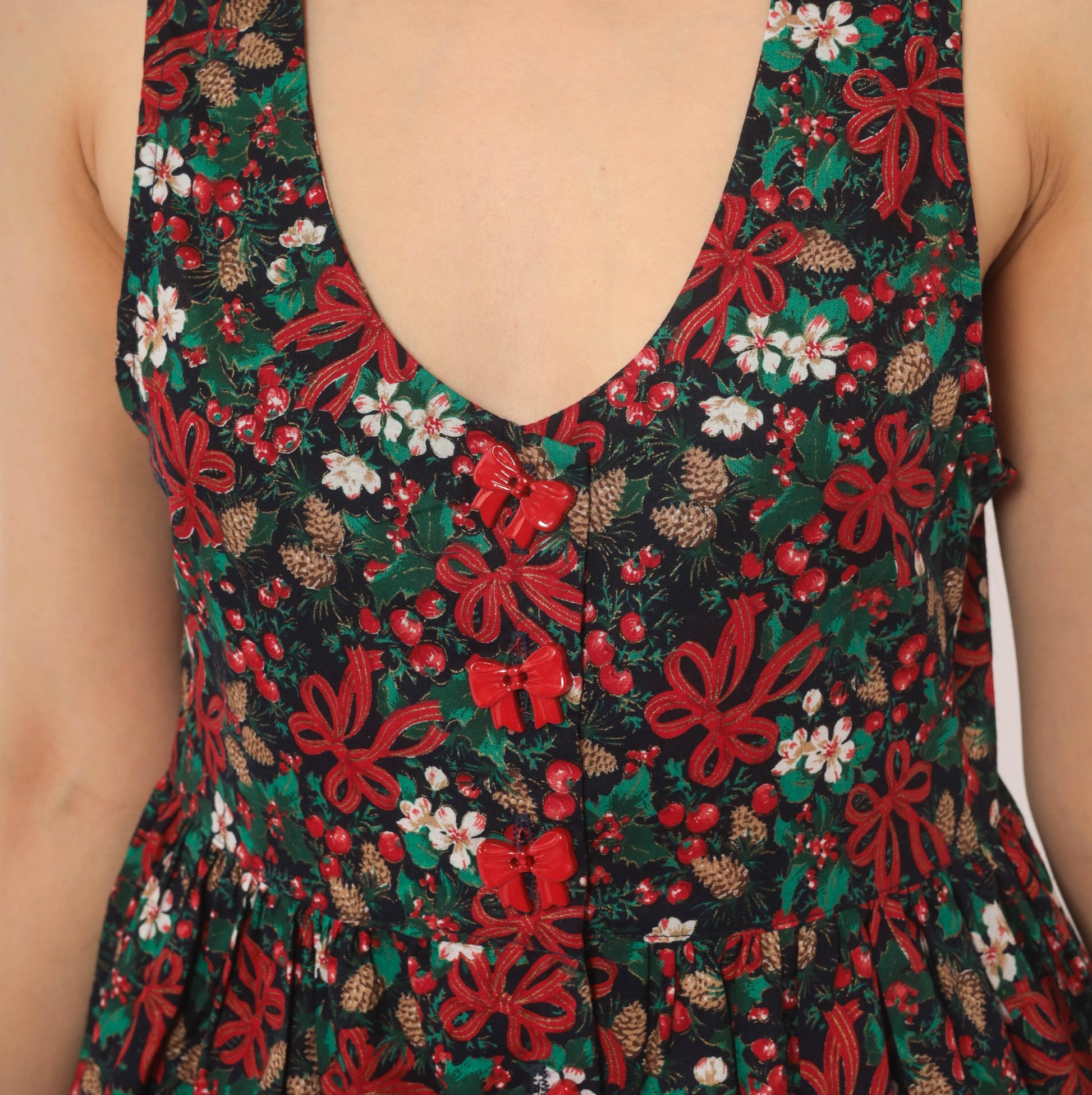 90s R.J. Stevens Christmas Jumper Dress Cotton V-Neck Holly Pinecone Navy Extra Small XS