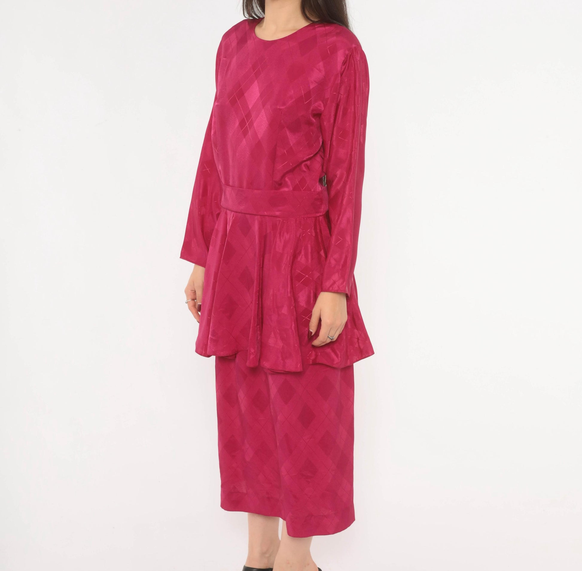 80s Fuchsia Peplum Midi Dress Open Back Jacquard Long Sleeve Large L