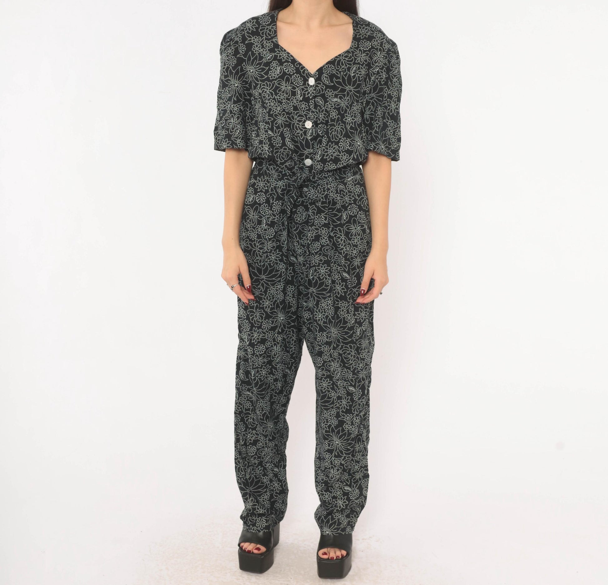 90s Molly Malloy Floral Jumpsuit Black White Dotted Print V Neck Small