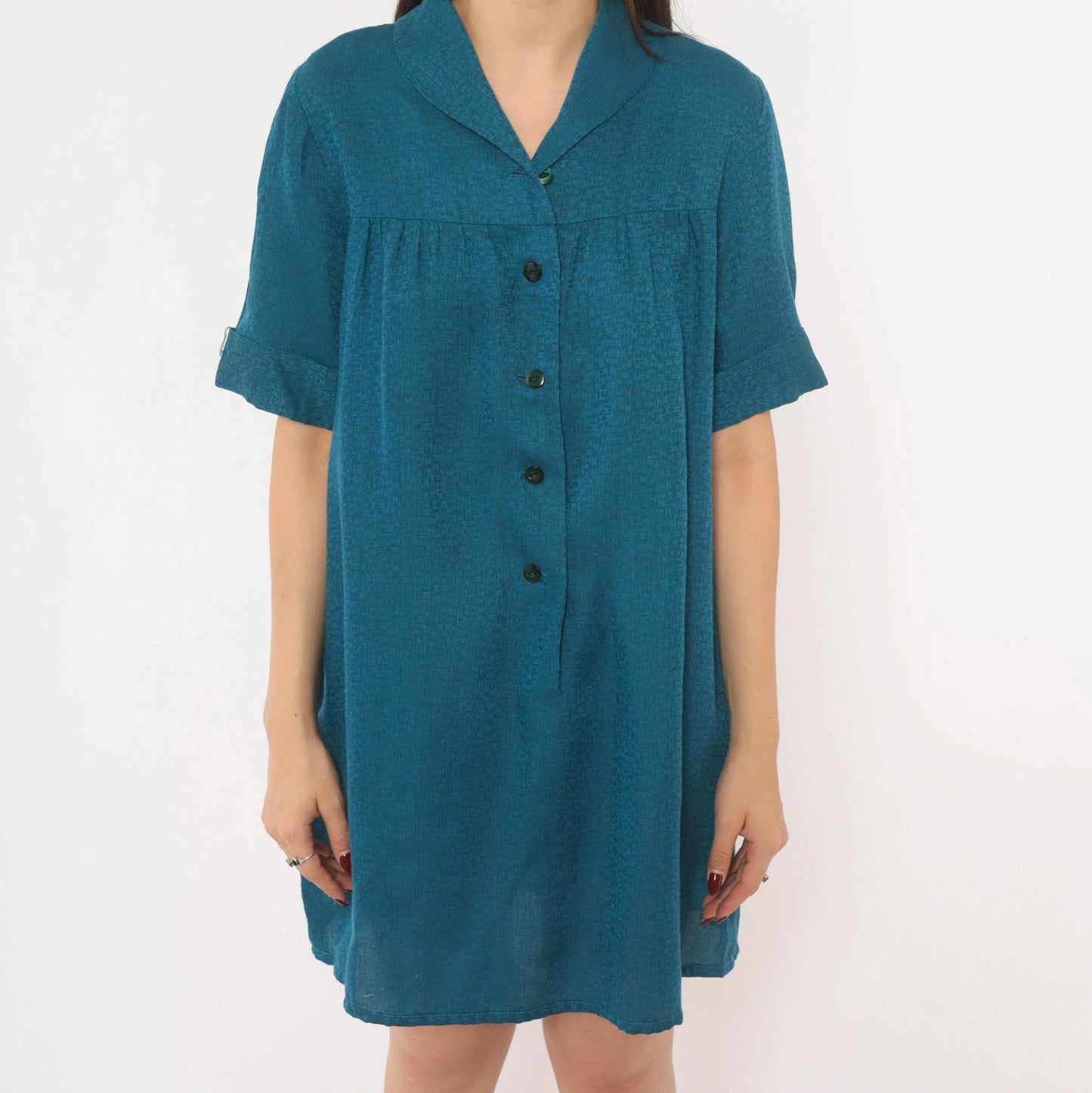 60s Royal Dry Goods Mod Shift Dress Teal Button Front Cotton Medium M