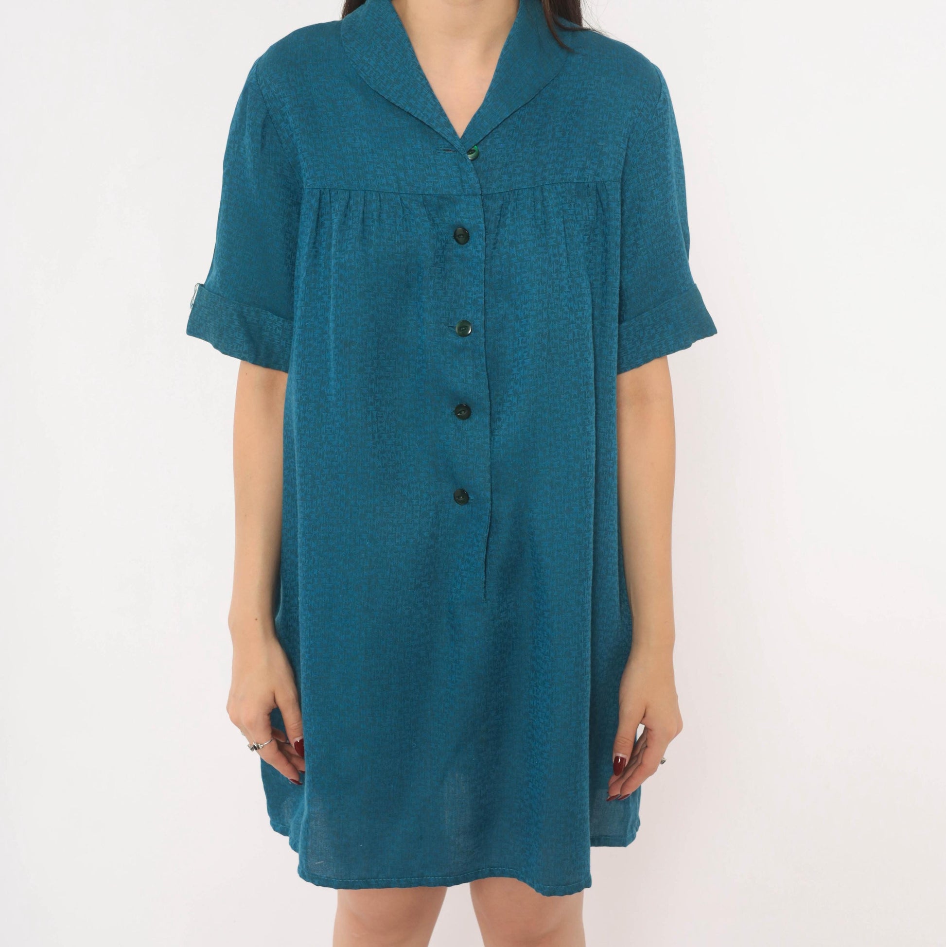 60s Royal Dry Goods Mod Shift Dress Teal Button Front Cotton Medium M