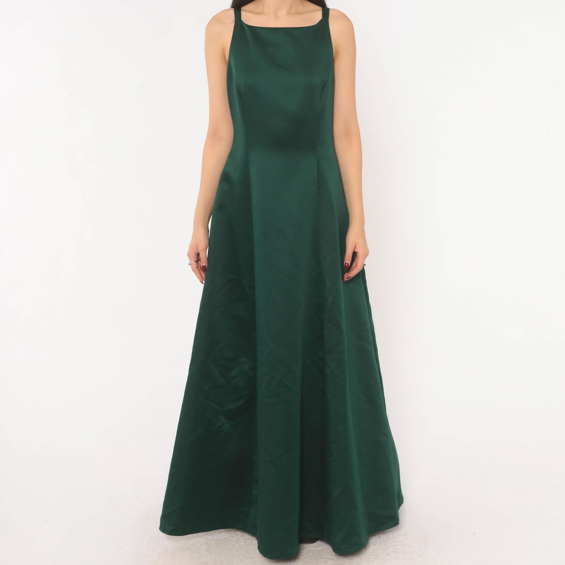 90s Betsy & Adam Emerald Satin Maxi Gown Square Neck A-Line Evening Dress Small