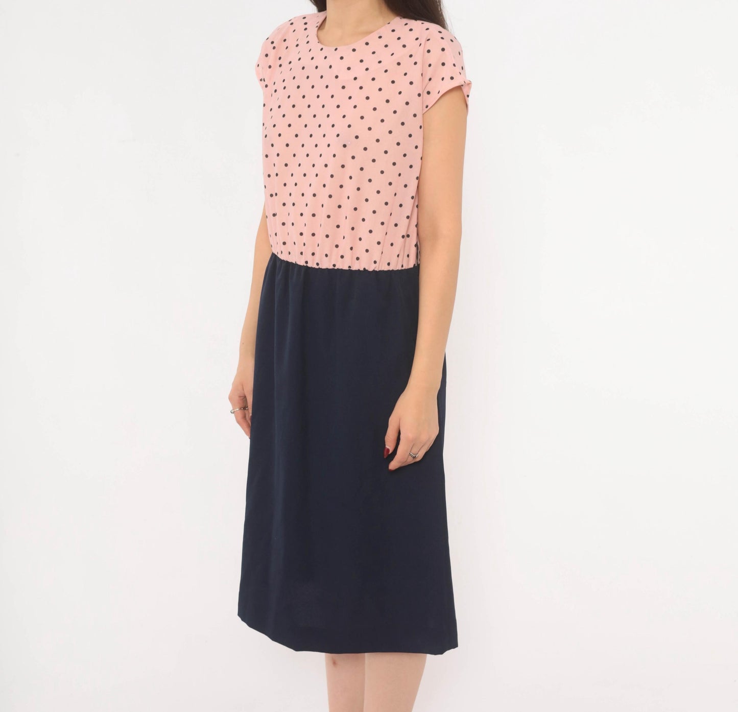 80s Two-Tone Polka Dot Dress Pink Navy Cap Sleeve A-Line Medium M