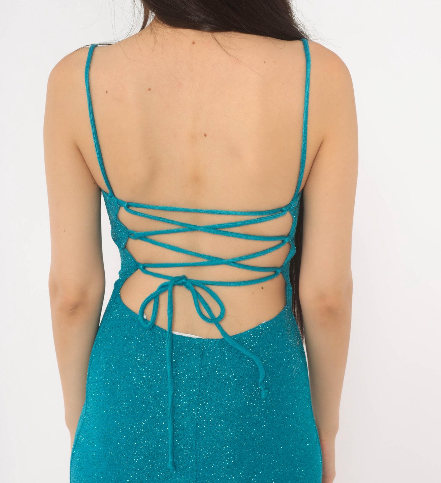 2000s City Triangles Teal Glitter Maxi Dress Lace-Up Back Small