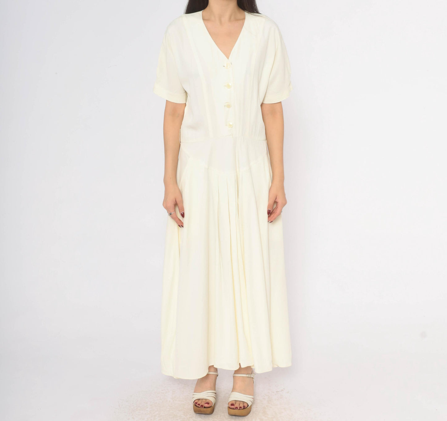 90s E.D. Michaels Cream Button Front Maxi Dress Puff Sleeve Drop Waist Medium M