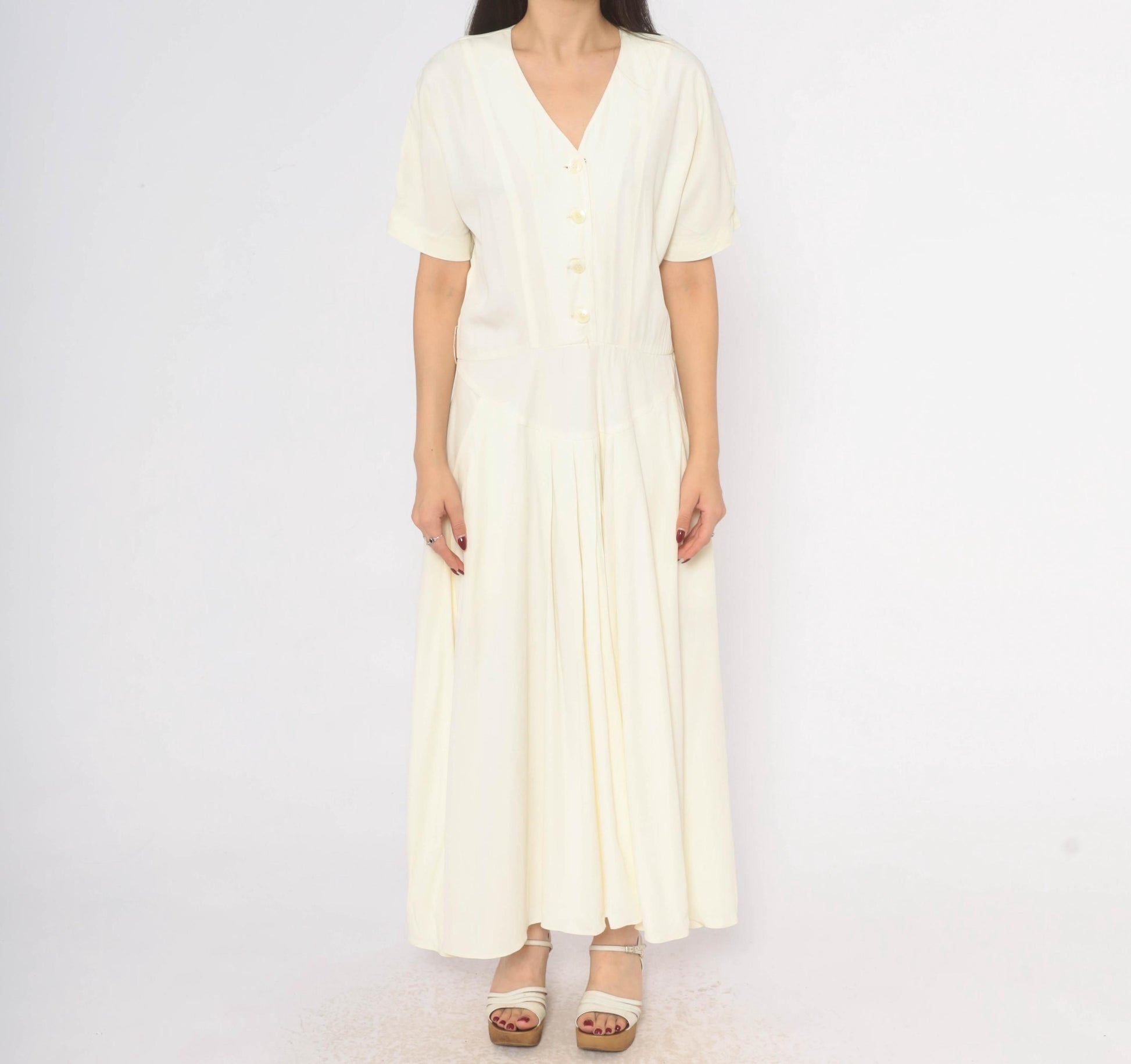 90s E.D. Michaels Cream Button Front Maxi Dress Puff Sleeve Drop Waist Medium M