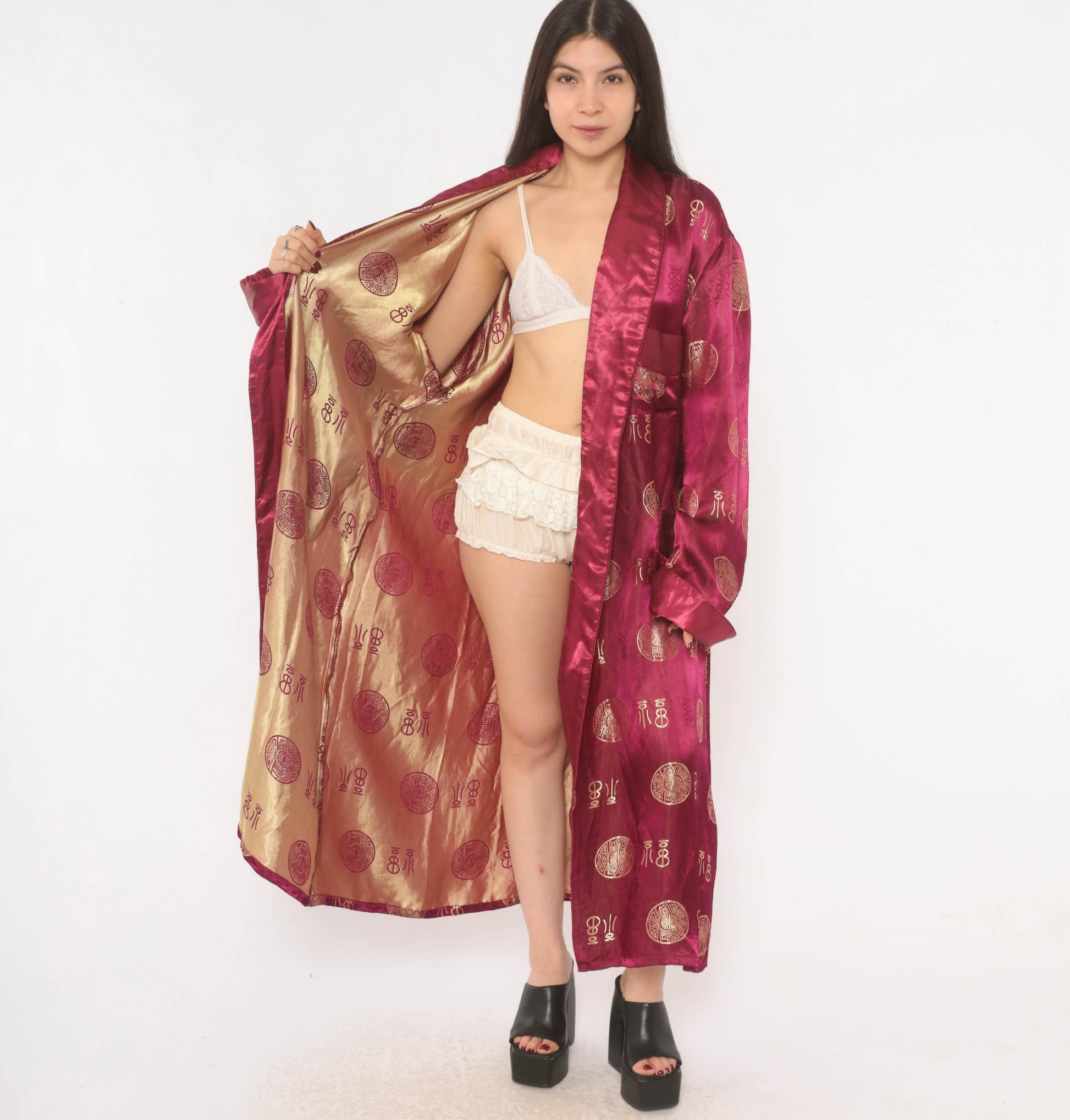 90s Magenta Satin Robe Gold Jacquard Medallion Kimono Maxi Duster Large L