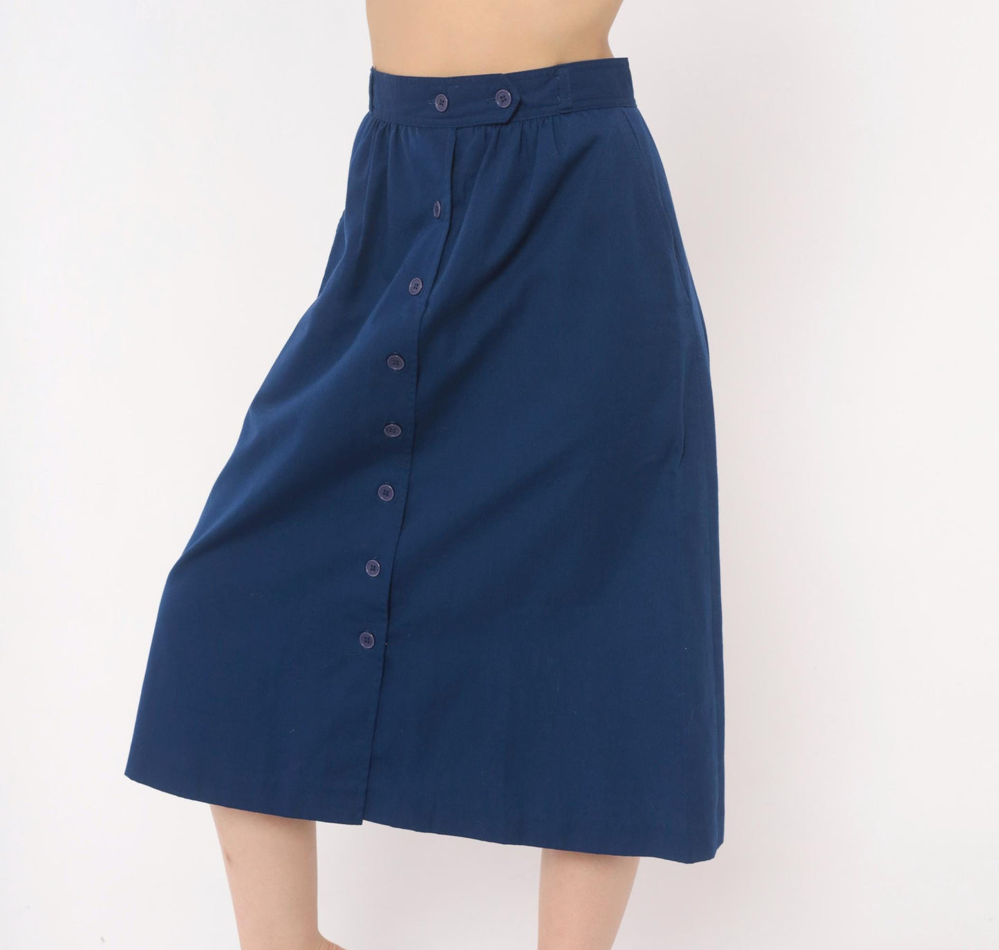 80s Navy Button Front A-Line Skirt Cotton Knee Length Medium M
