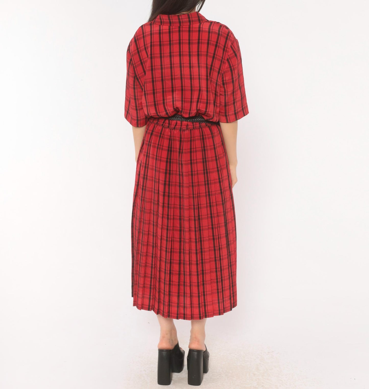 80s Leslie Fay Plaid Shirtdress Red Black Tartan Midi Pleated Medium Large