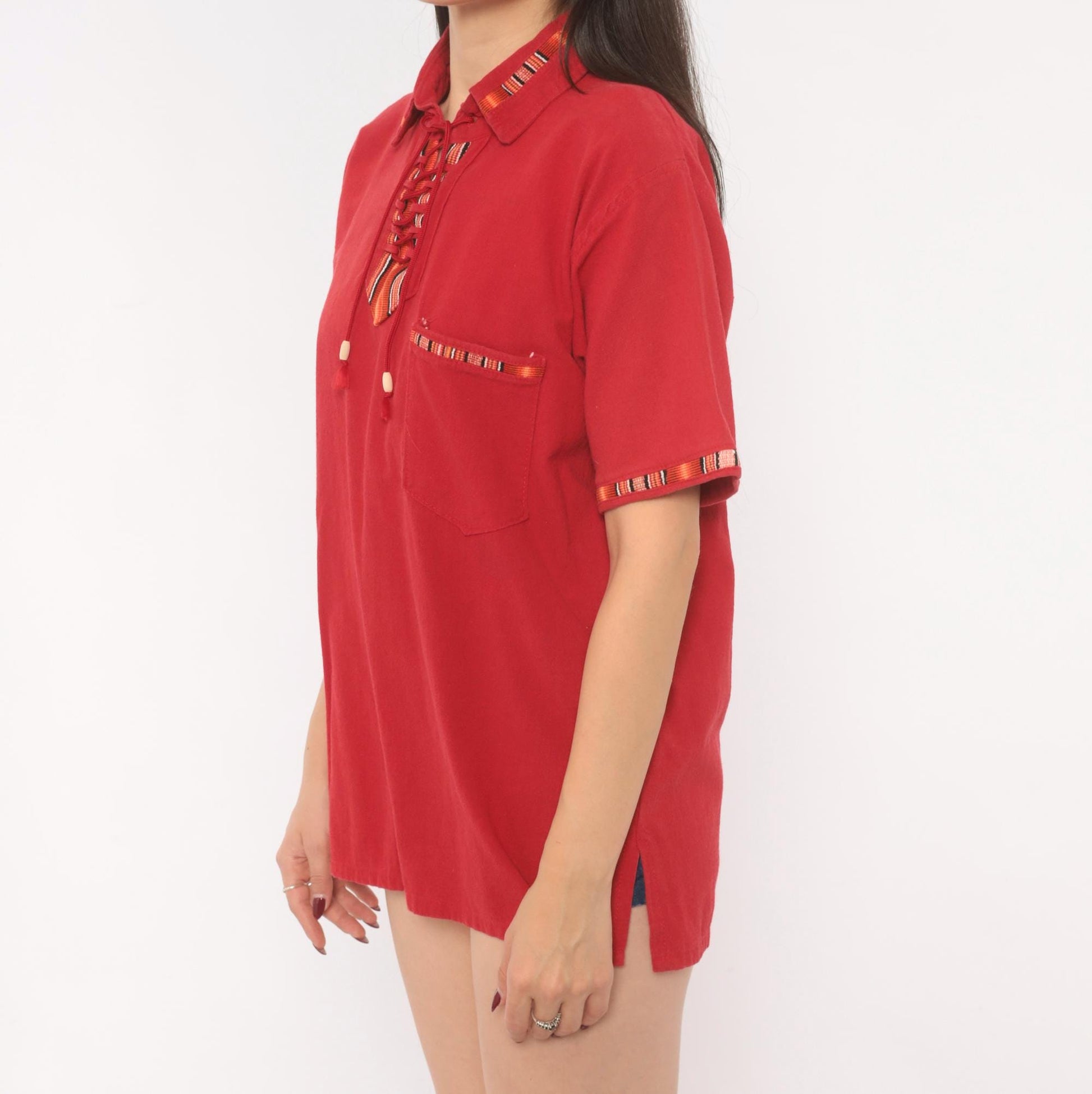 90s Red Cotton Lace-Up Tunic Shirt Southwestern Woven Trim Tassels Medium