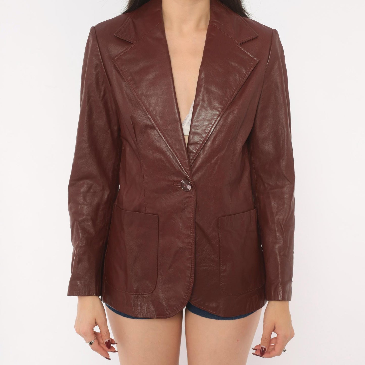 70s Burgundy Leather Blazer Single Button Notched Lapel Fitted Waist XS