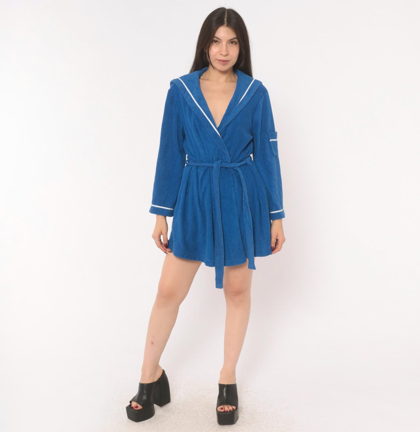 70s Deena Blue Terry Cloth Robe Sailor Collar White Piping Mini Medium M