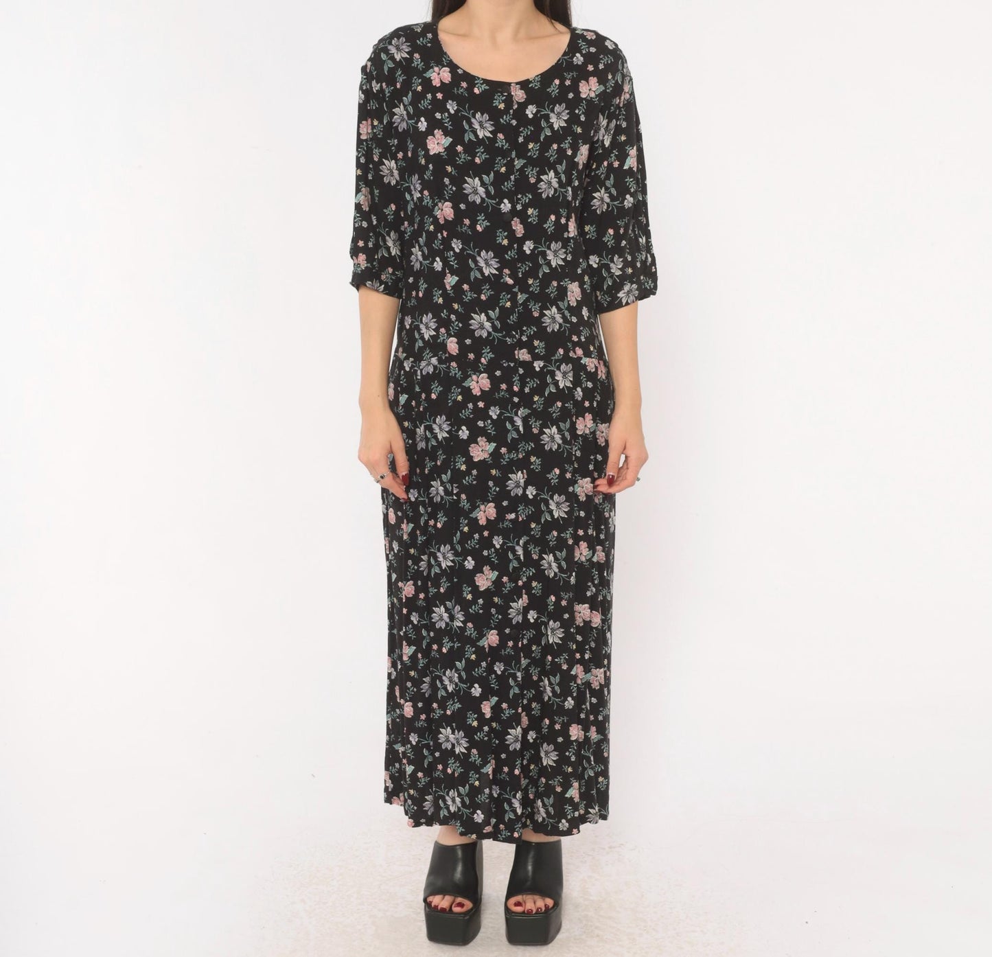 Y2K Putumayo Black Floral Maxi Dress Pink Lavender Button Front Large L
