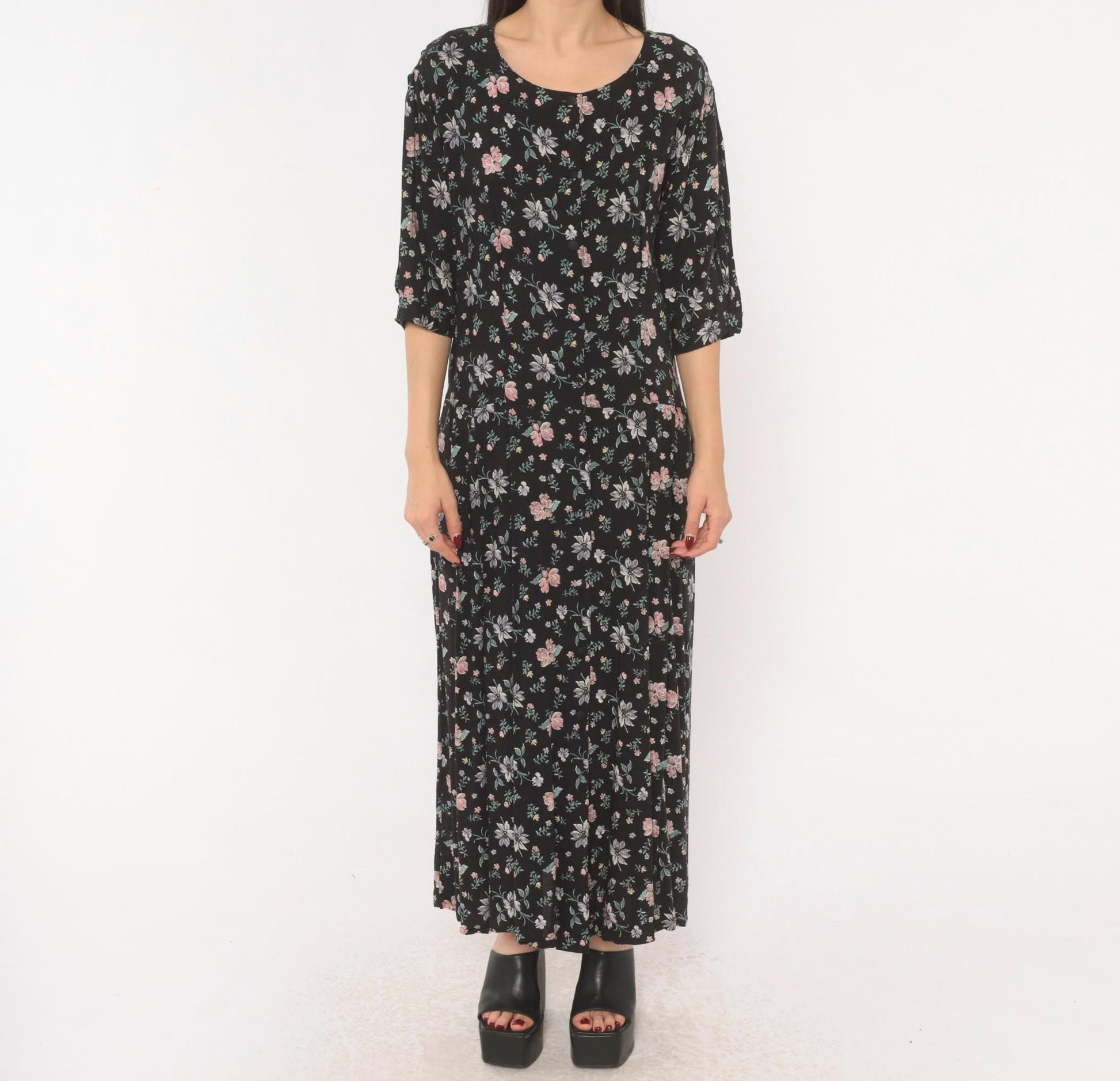 Y2K Putumayo Black Floral Maxi Dress Pink Lavender Button Front Large L
