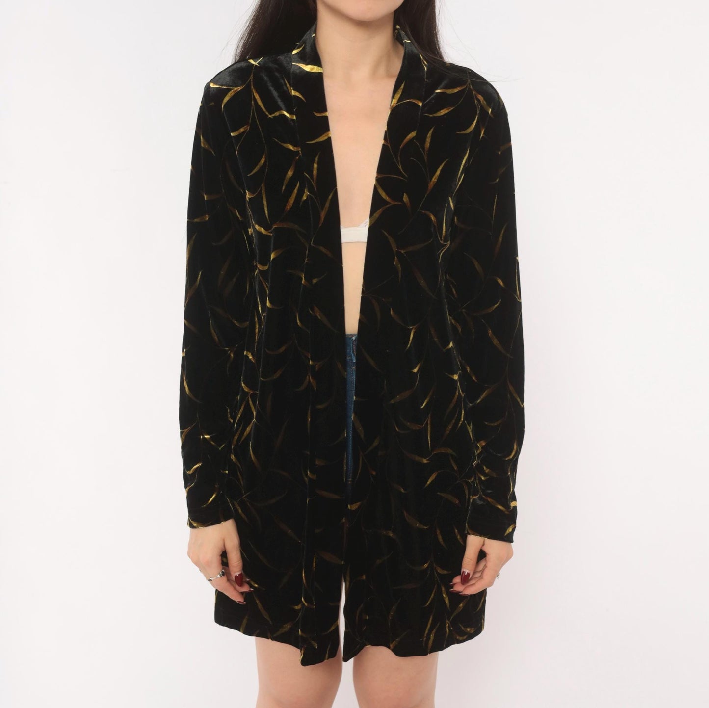 90s Ronni Nicole Black Velvet Duster Gold Leaf Botanical Print Shawl Collar Small Medium