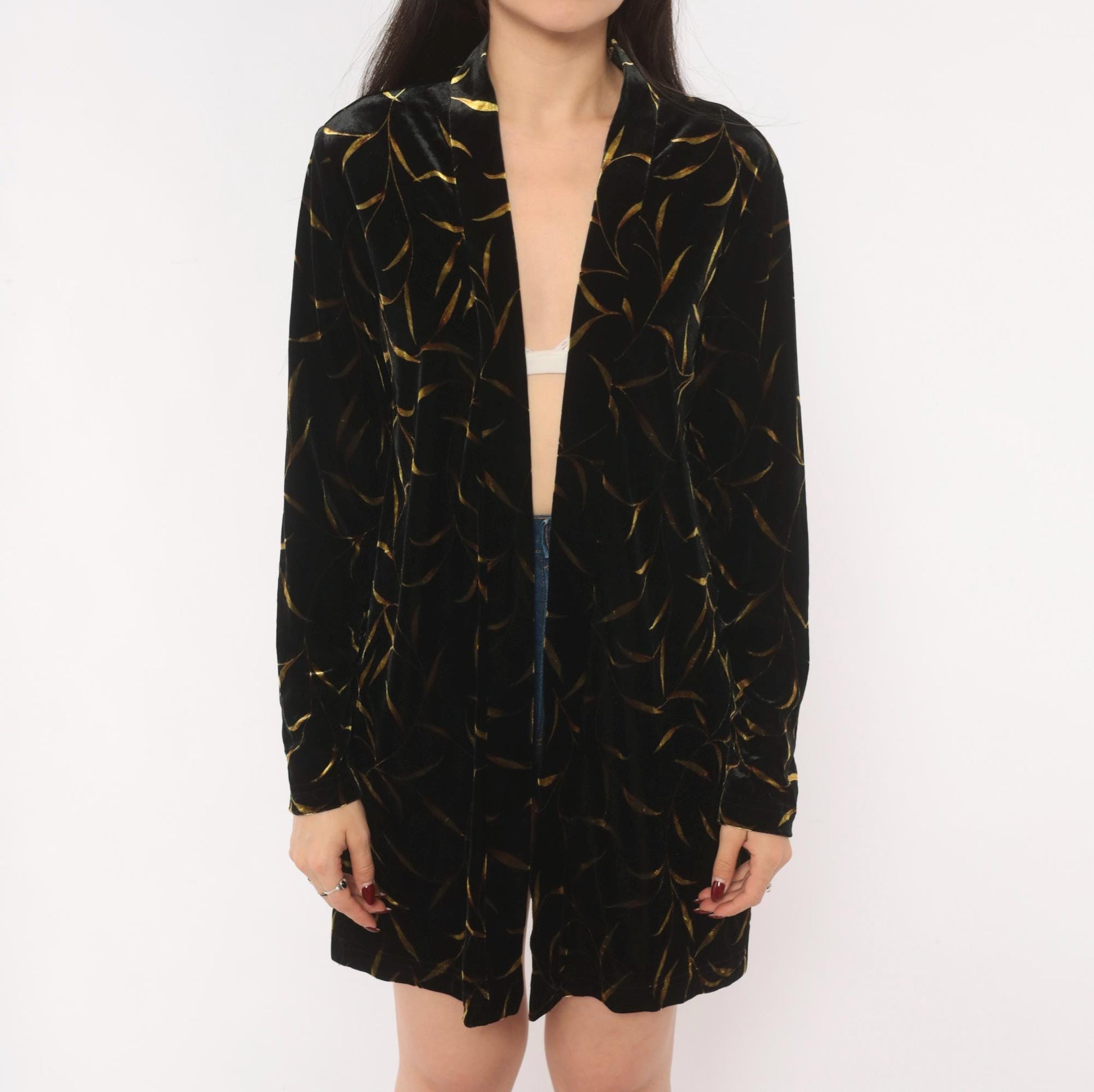 90s Ronni Nicole Black Velvet Duster Gold Leaf Botanical Print Shawl Collar Small Medium