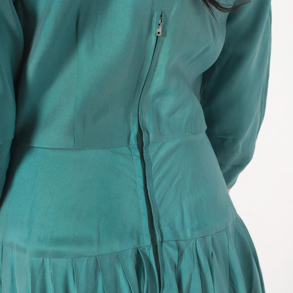 1940s Teal Dress V-Neck Three Quarter Sleeve Drop Waist Midi Small S