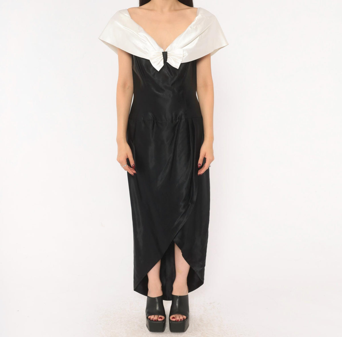 90s Black Satin Maxi Gown White Bow Off-Shoulder V-Neck Cap Sleeve Medium
