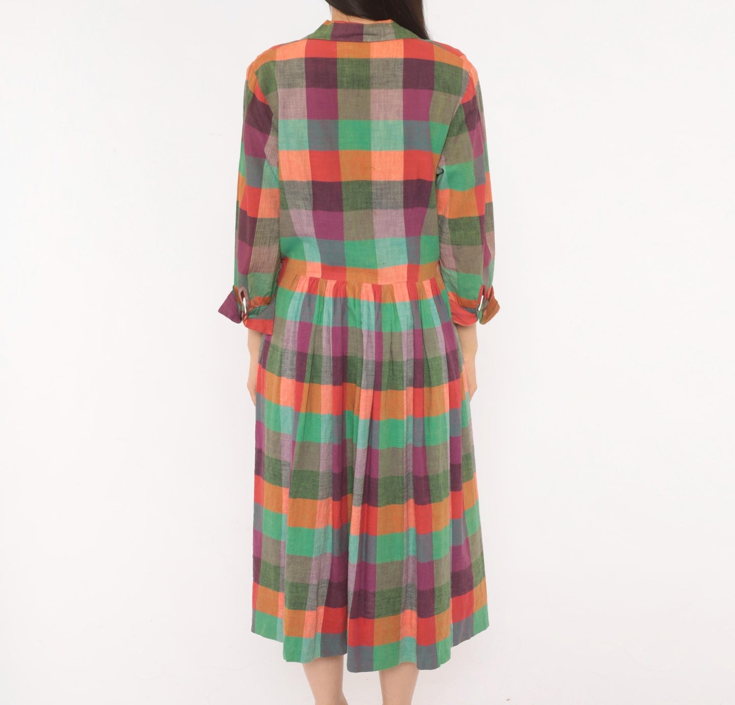 60s Multicolor Plaid Shirtdress Cotton Button Front Midi Purple Green Coral Large