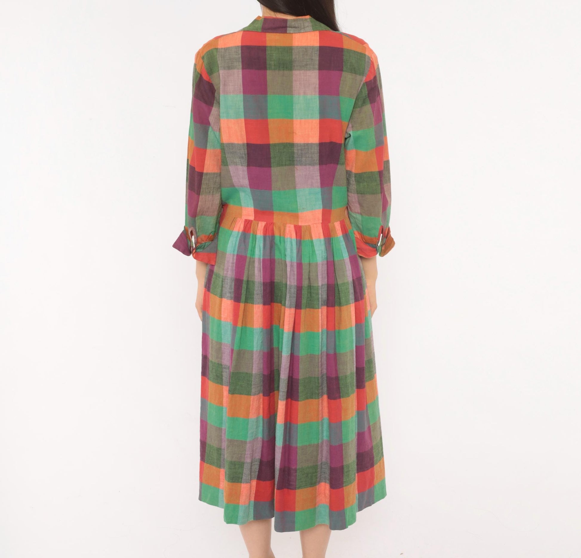 60s Multicolor Plaid Shirtdress Cotton Button Front Midi Purple Green Coral Large