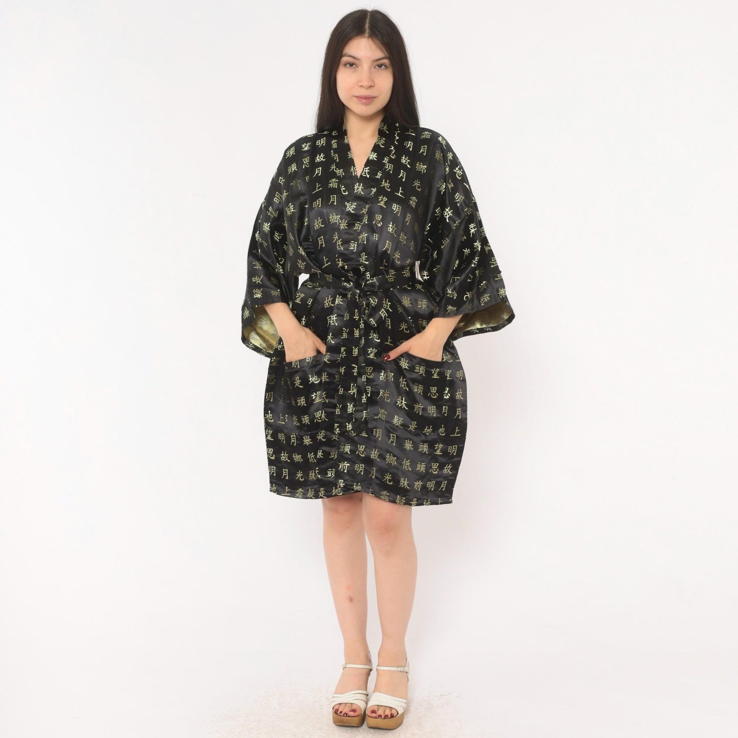 90s Chinese Calligraphy Kimono Robe Black Gold Wrap Tie Front Extra Large
