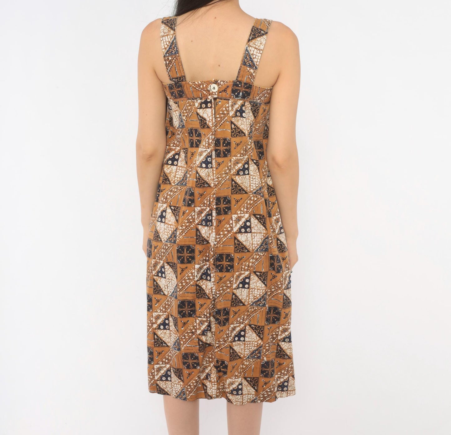 80s Batik Sundress Tan Navy Cotton Square Neck A-Line Knee Length Extra Small
