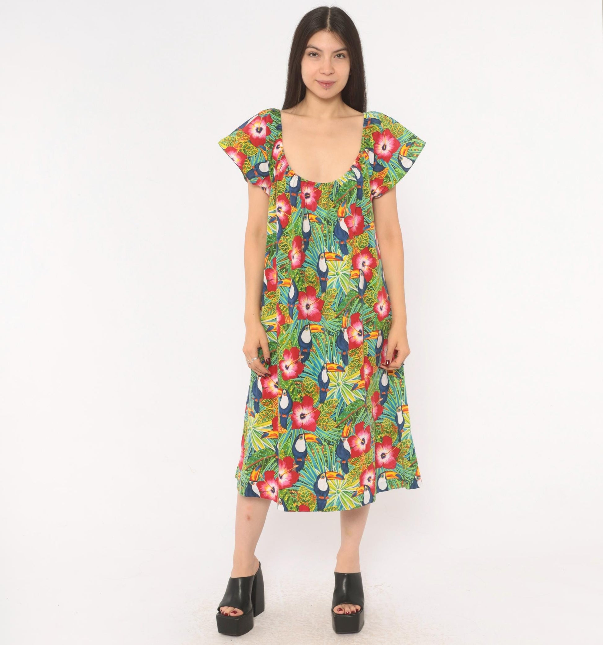 80s Seawind Toucan Hibiscus Midi Dress Flutter Sleeve Cotton Tropical Extra Large