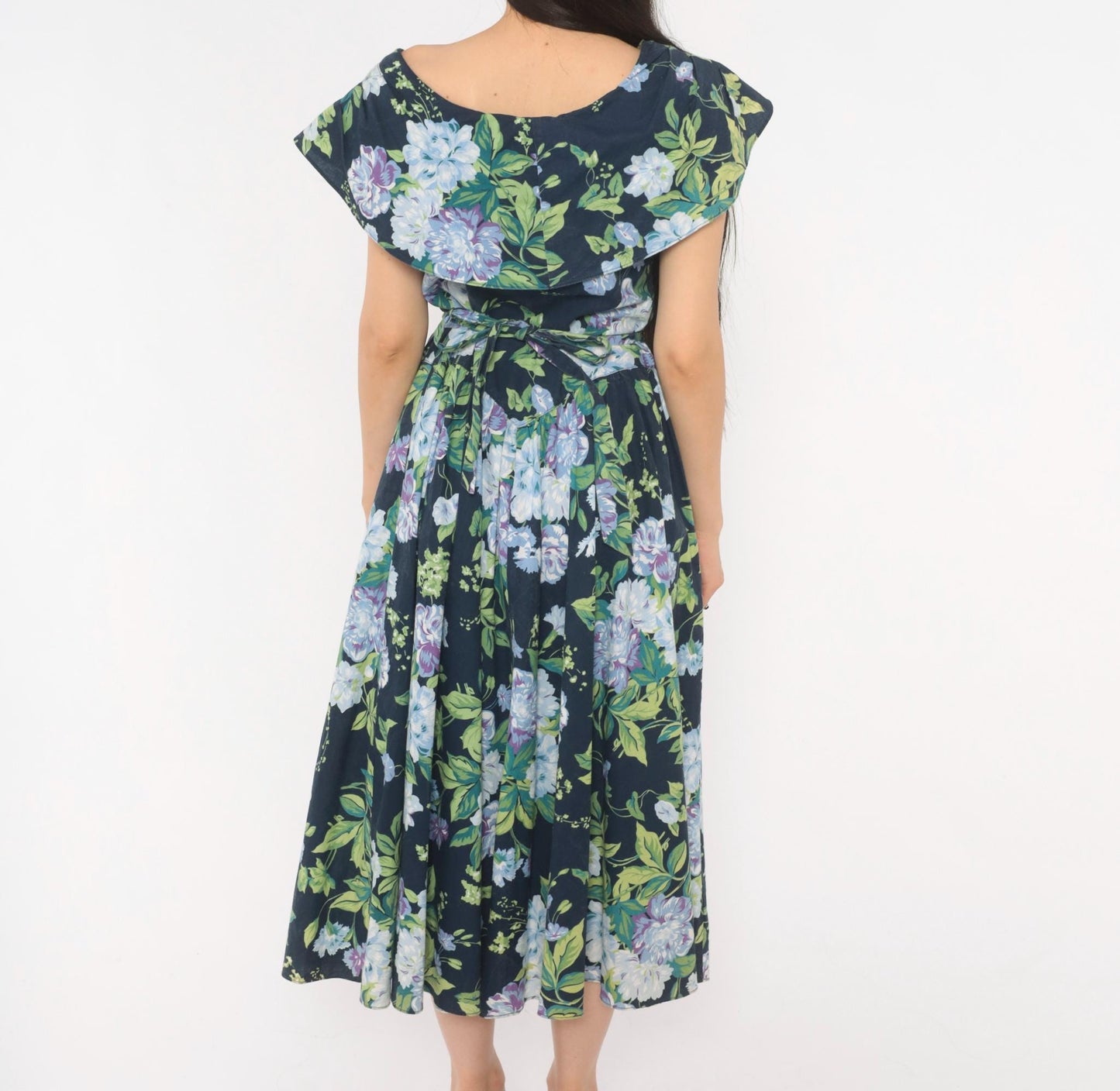 80s Jessica Howard Navy Floral Cotton Dress Sailor Collar Button Front Medium