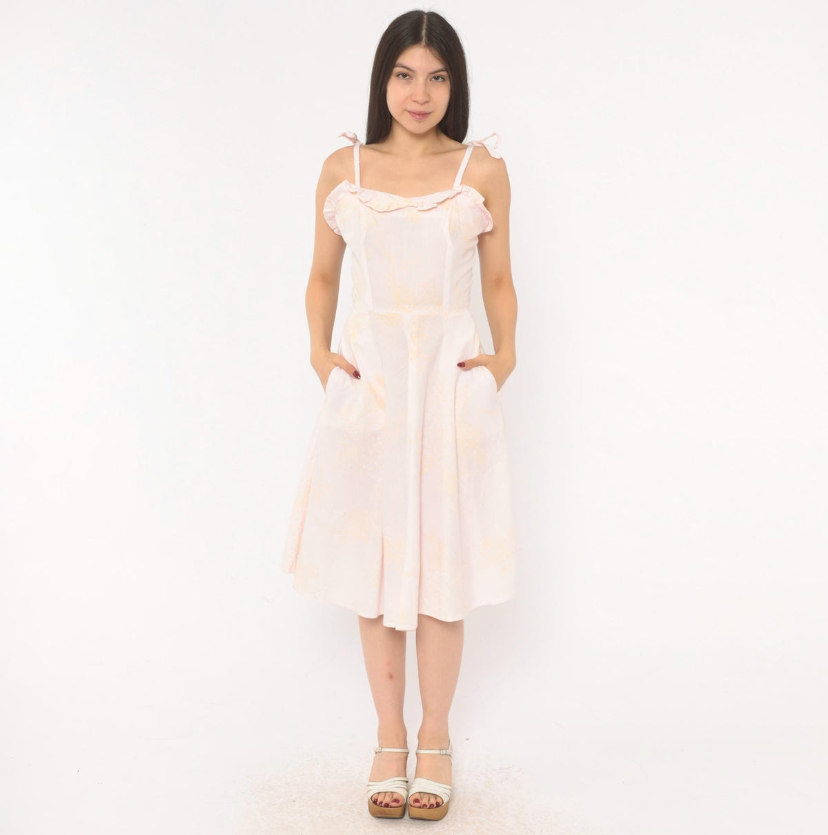 80s Blush Pink Floral Sundress Sweetheart Neckline Ruffle Tie Straps Extra Small XS