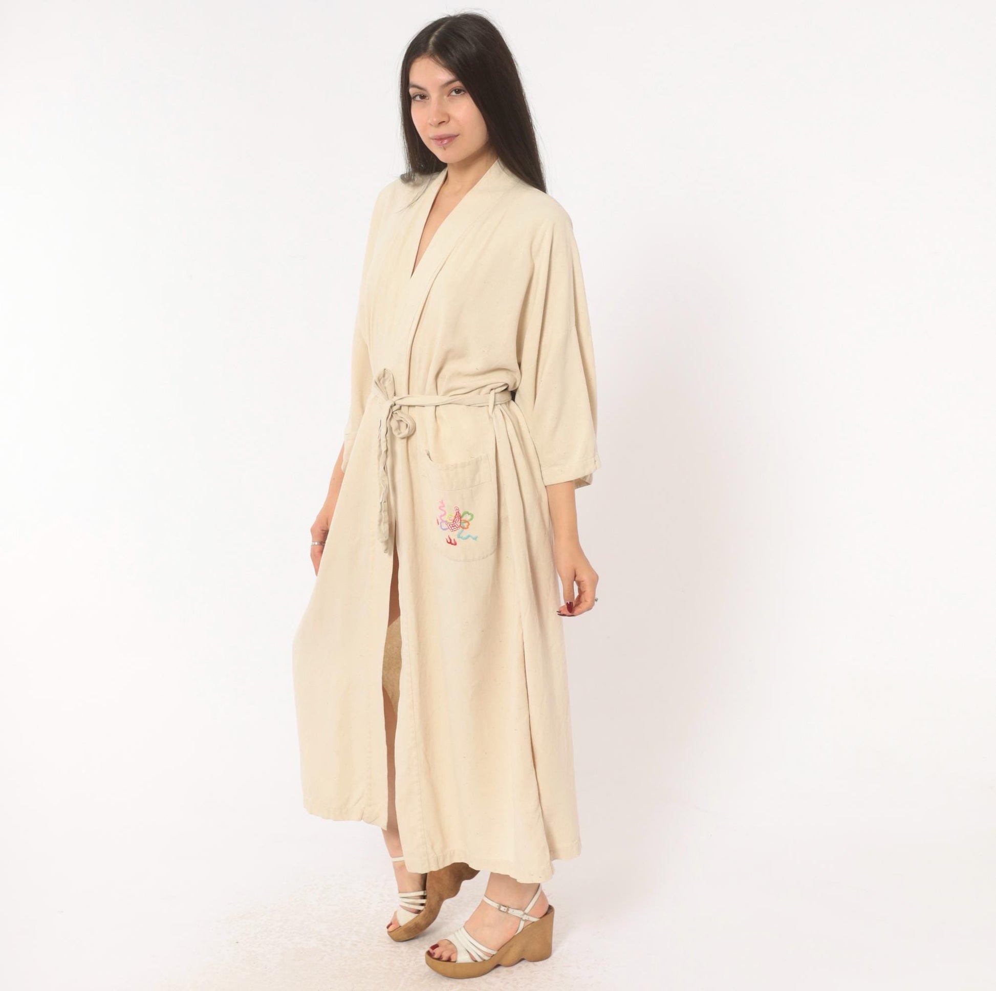 80s Health Silk Kimono Robe Dragon Embroidered Cream Midi Extra Large