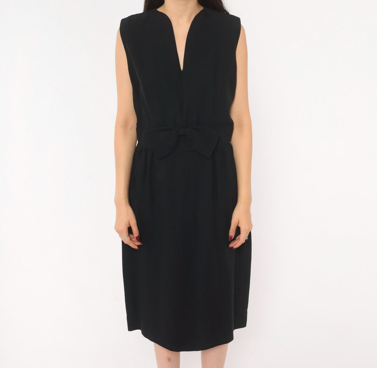 60s Black Mod Sleeveless Dress Bow Waist Knee Length A-Line Large L