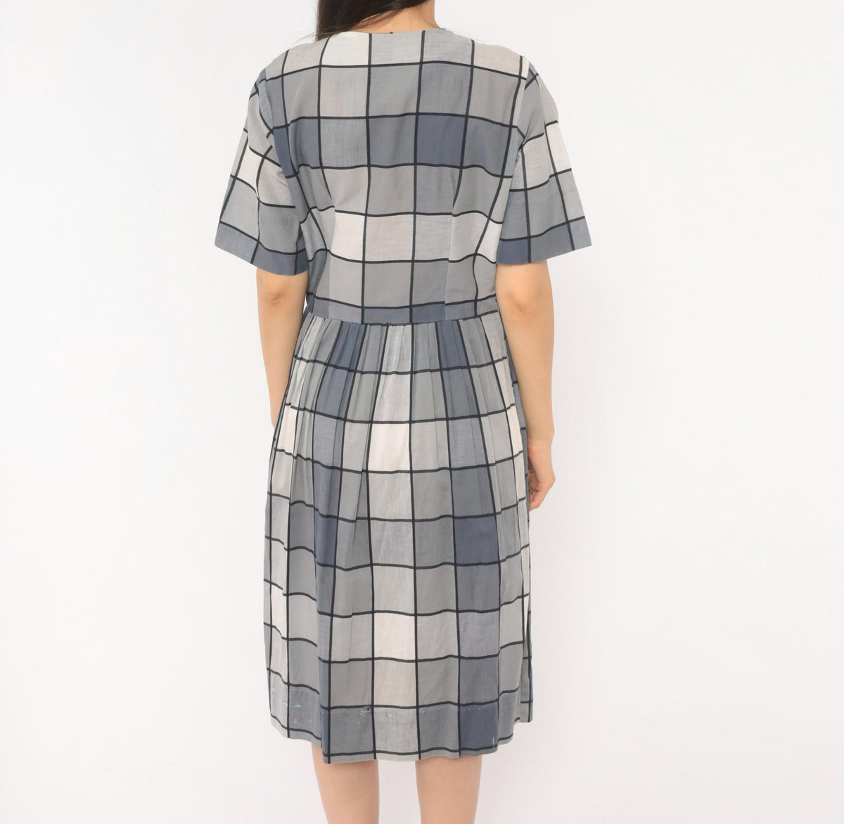 80s Windowpane Plaid Cotton Midi Dress Grey Blue Button Front Medium