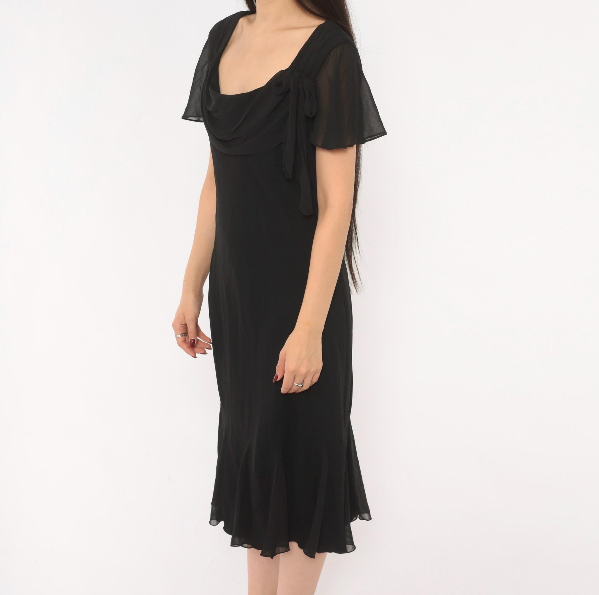 90s SL Fashions Black Chiffon Midi Dress Cowl Neck Flutter Sleeve Large