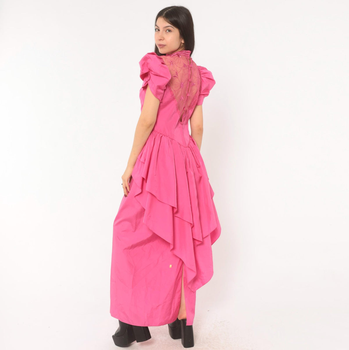 80s Eve Of Milady Hot Pink Maxi Gown Puff Sleeve Peplum Lace Bodice Small
