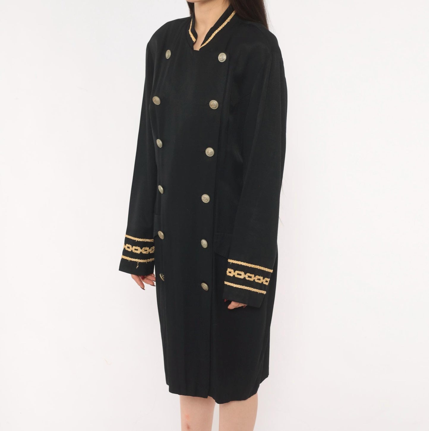90s Marnie West Military Coat Dress Black Gold Chain Mandarin Collar Large L