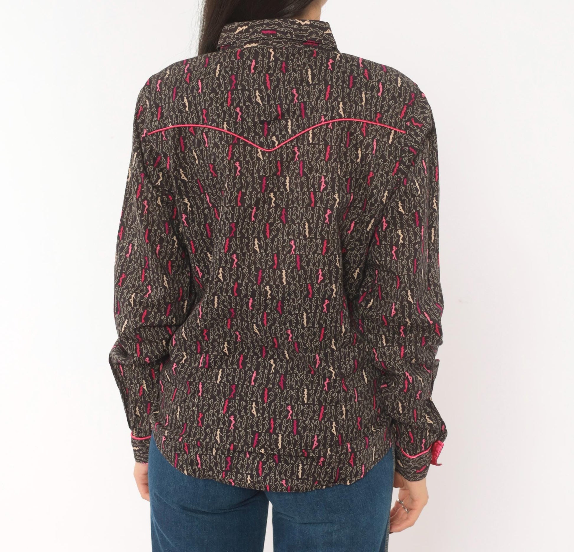 Y2K Ultra Twenty X Western Snap Shirt Cowgirl Print Grey Pink Cotton Medium M
