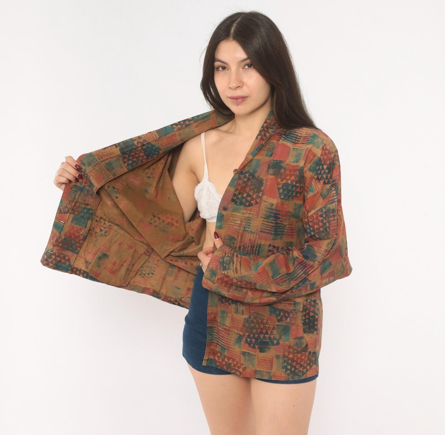 Y2K Abstract Geometric Blazer Shawl Collar Patchwork Rust Teal Medium M