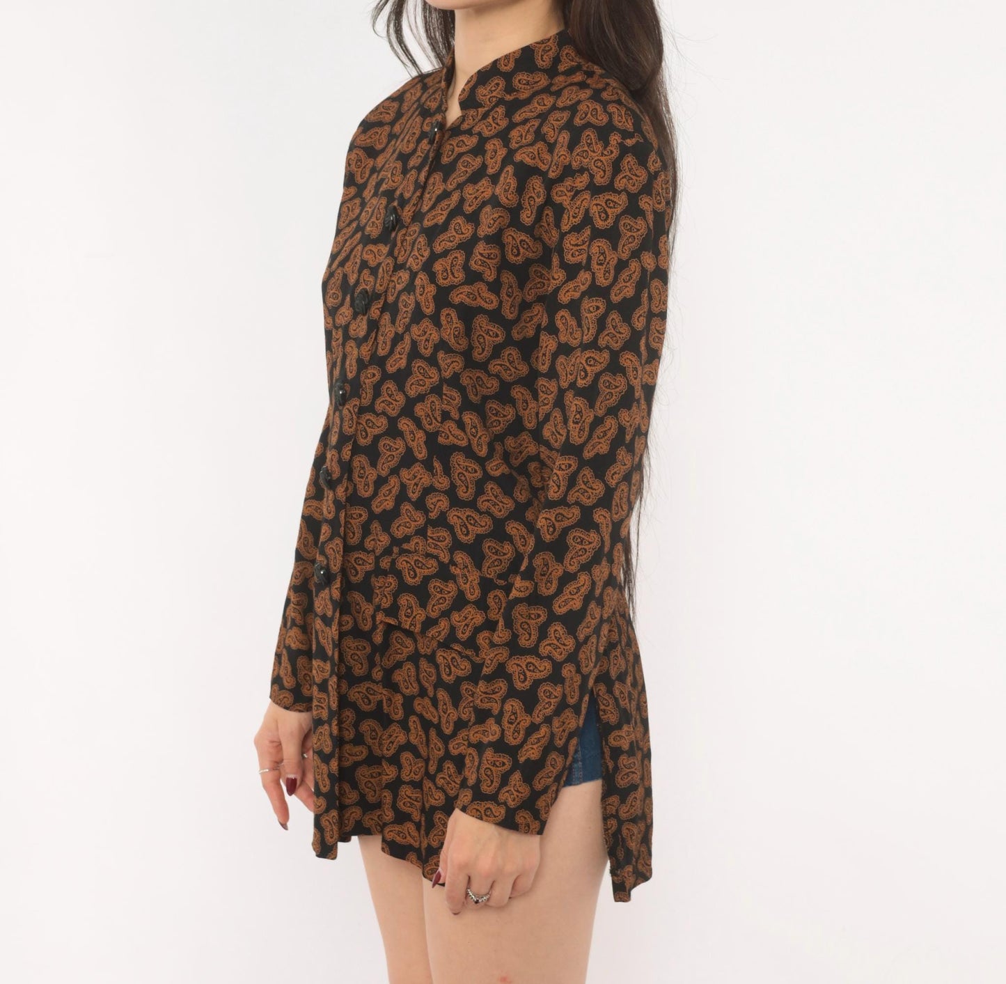 90s Christine David Paisley Mandarin Collar Tunic Black Copper Small S