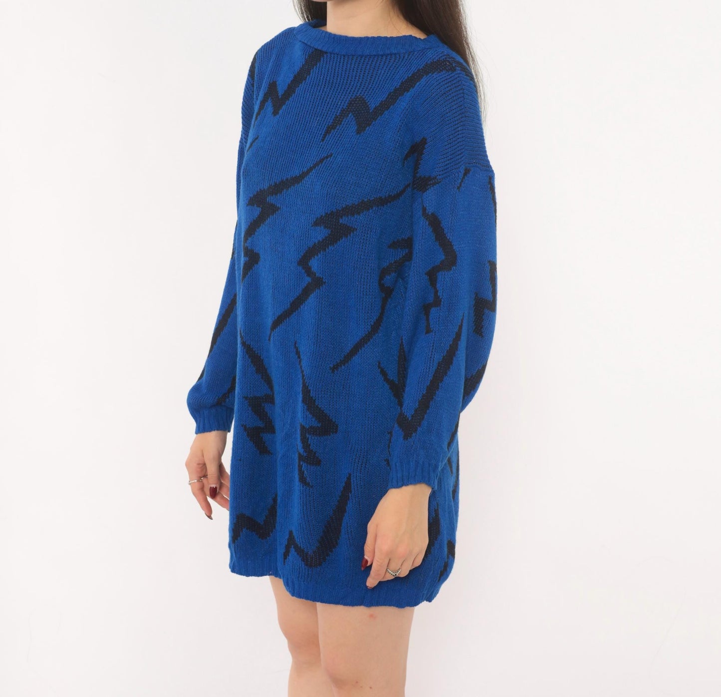 80s Cobalt Blue Lightning Bolt Knit Pullover Black Zigzag Crewneck Medium